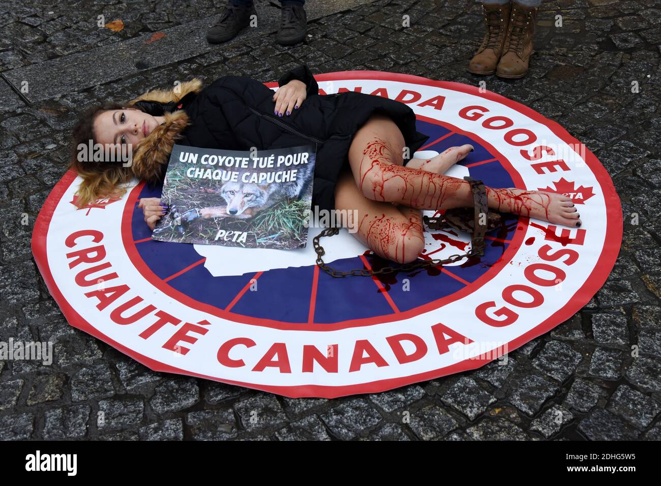 Sister of Jade Lagardère (Arnaud Lagardère's wife), the young star of the  social networks Cassandra Foret with PeTA Animal rights activists protest  against Canada Goose company, in Paris, France, on December 22,