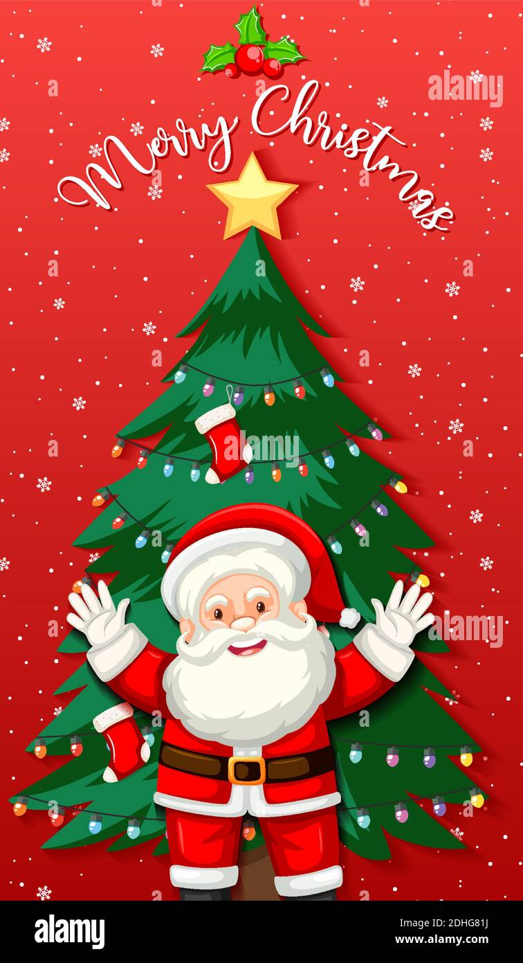 Cute Santa Claus cartoon character with christmas tree on red ...