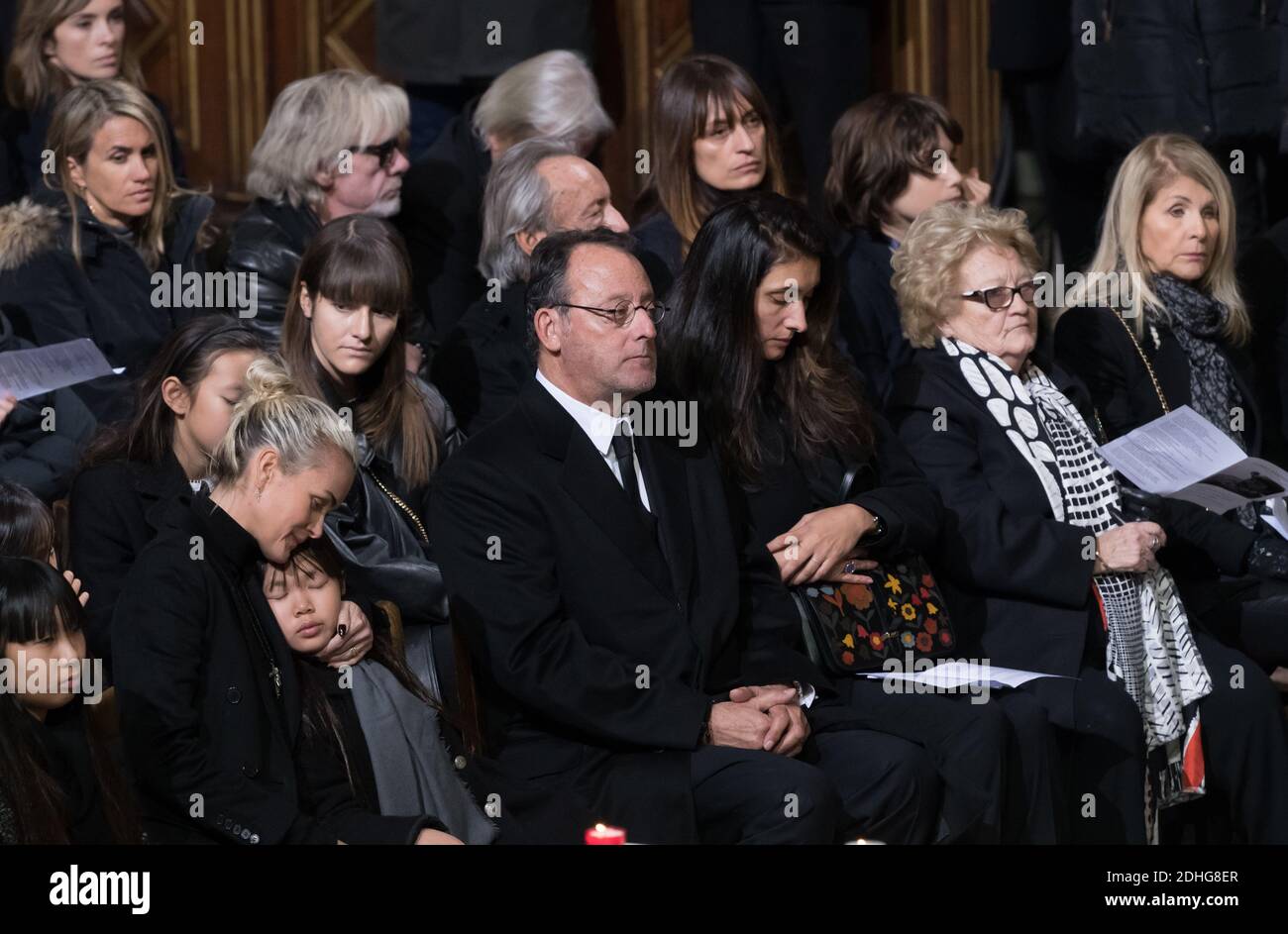 Laeticia Hallyday and two daughters Jade and Joy, Jean Reno and Elyette  Boudou, grandma of LaeticiaFuneral ceremony Funeral ceremony in tribute to  late French singer Johnny Hallyday at the La Madeleine Church