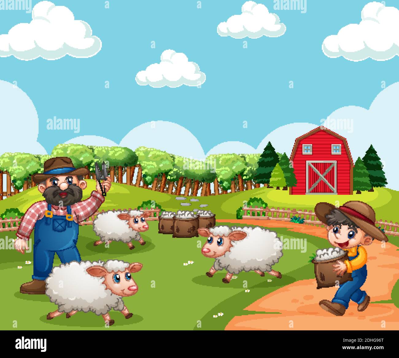 Farm with red barn and windmill scene illustration Stock Vector