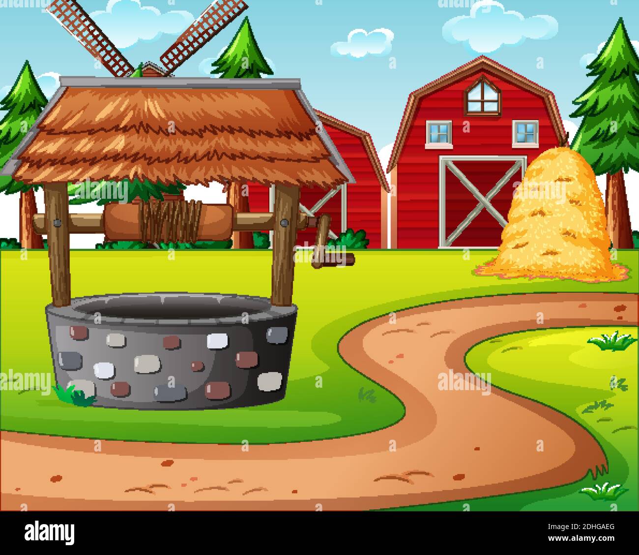Farm with red barn and windmill scene illustration Stock Vector Image ...