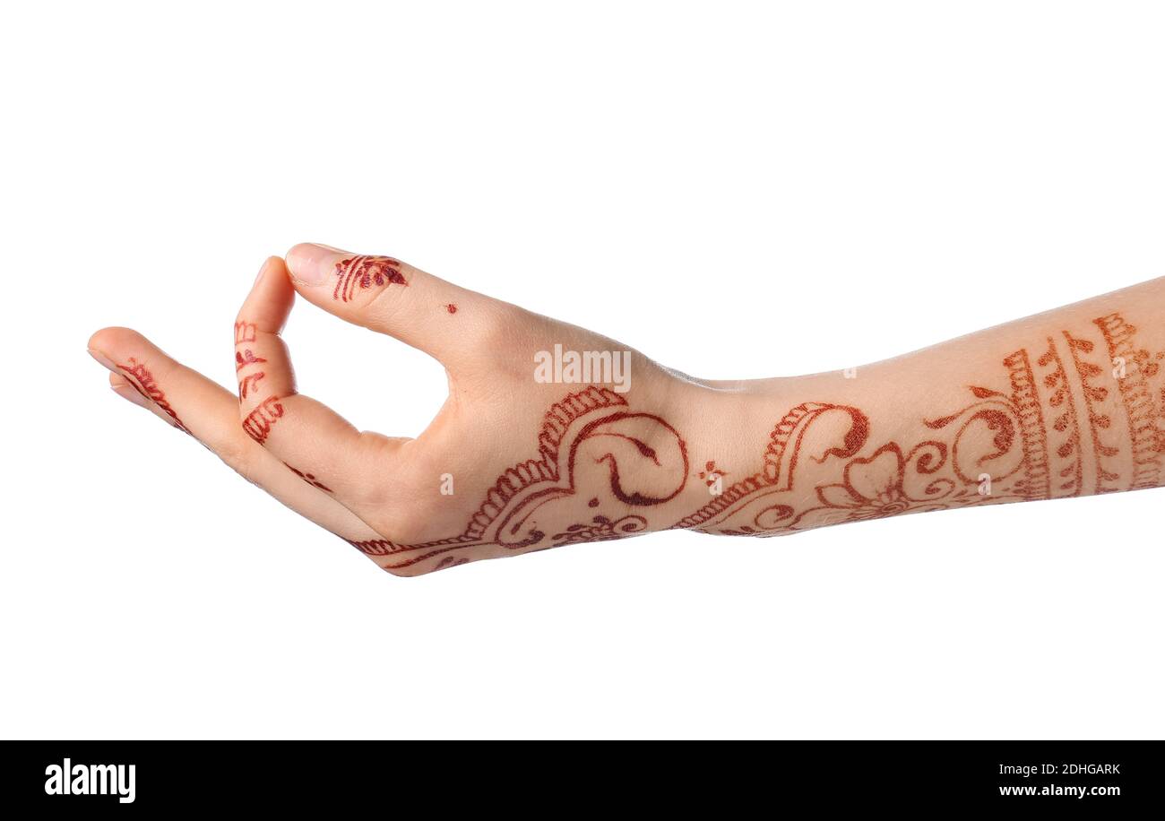 Beautiful female hand with henna tattoo on white background Stock ...