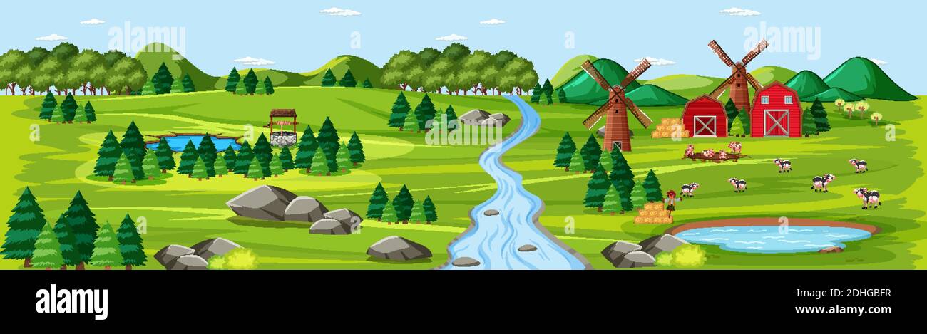 Farm nature with barns landscape scene illustration Stock Vector Image ...