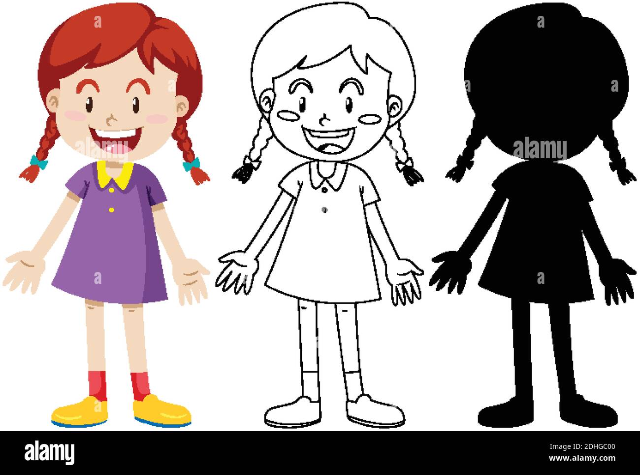 Girl wearing cute outfit in colour and outline and silhouette