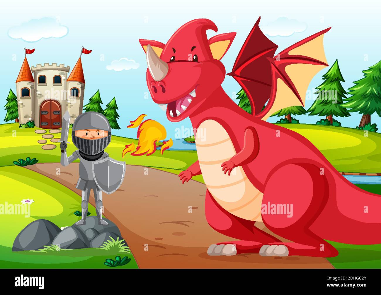 Knight with dragon in fairytale land scene illustration Stock Vector ...