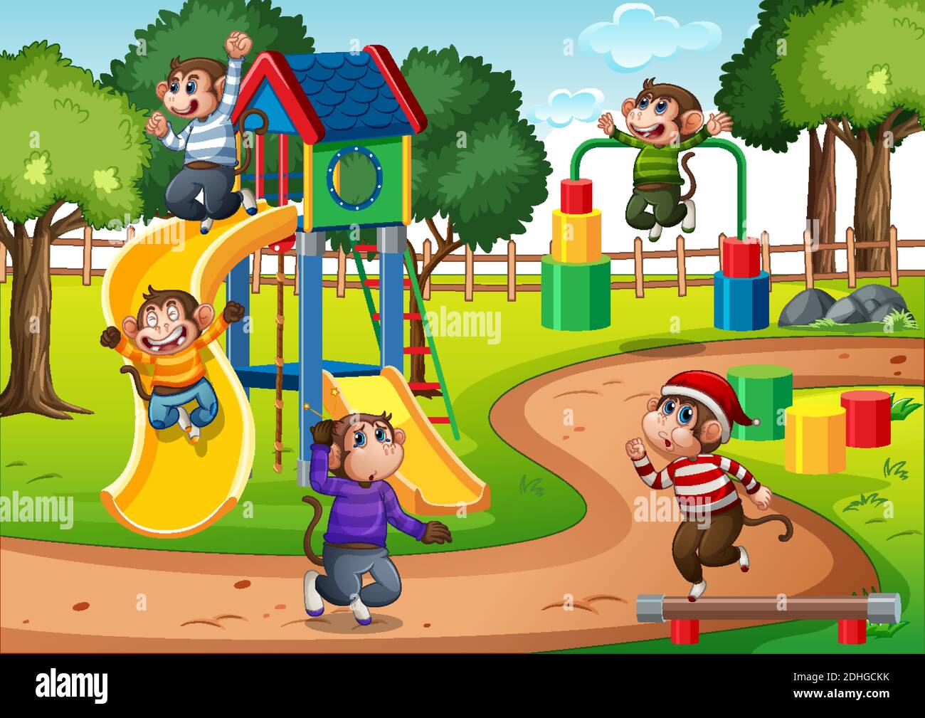 Five little monkeys jumping in the park playground scene illustration Stock  Vector Image & Art - Alamy