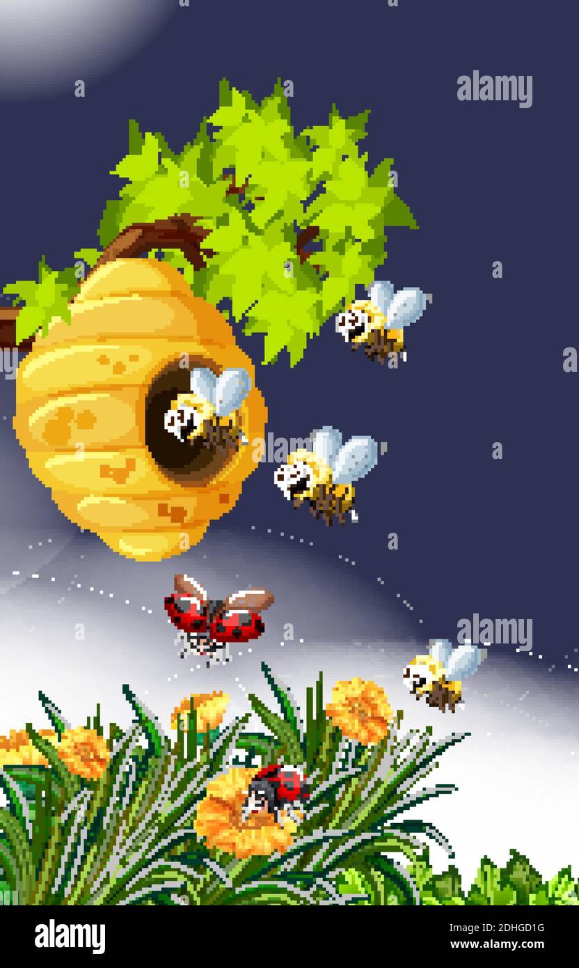 Many bees living in the garden scene with honeycomb and ladybugs ...