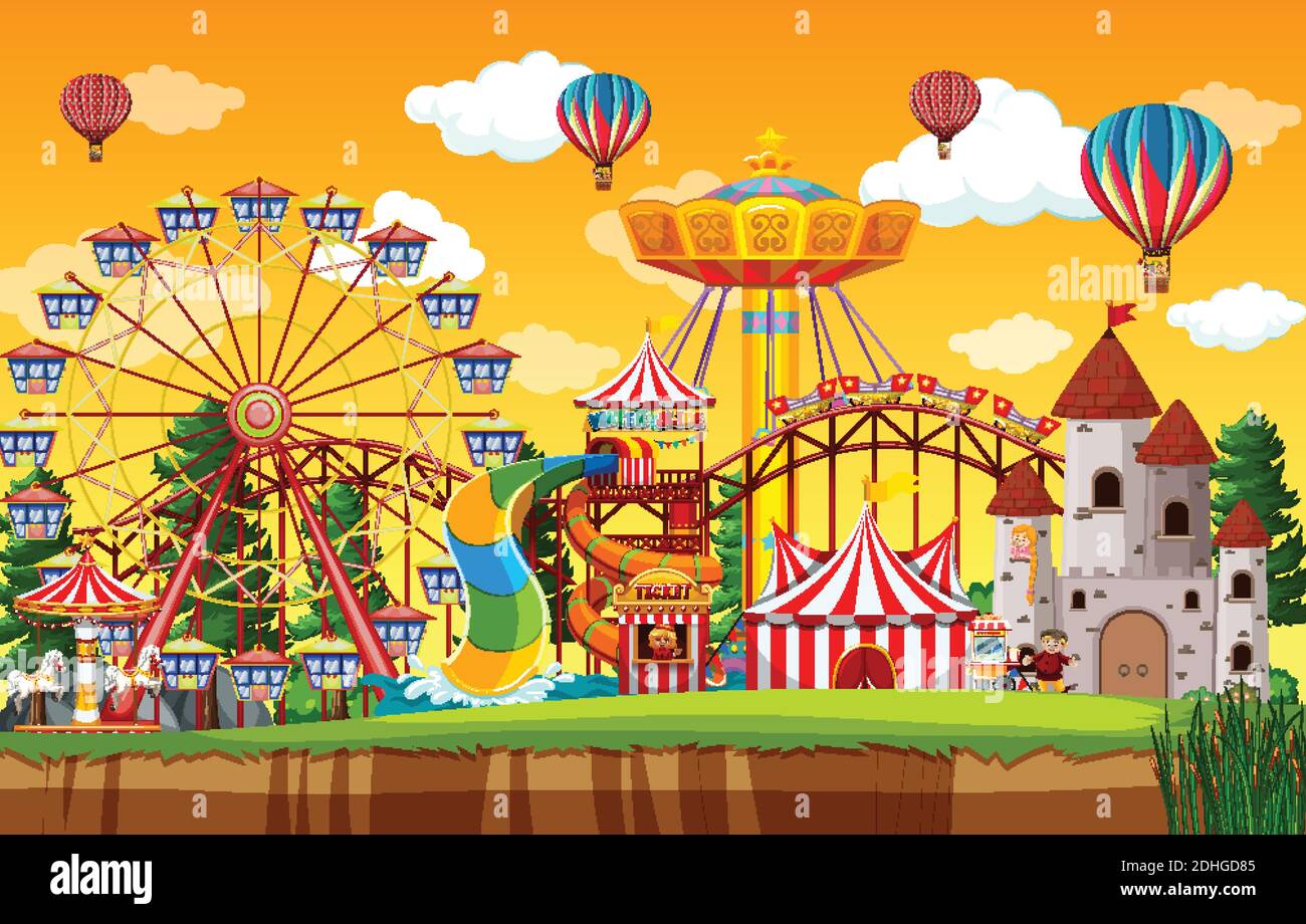 Amusement park scene at daytime with balloons in the sky illustration ...