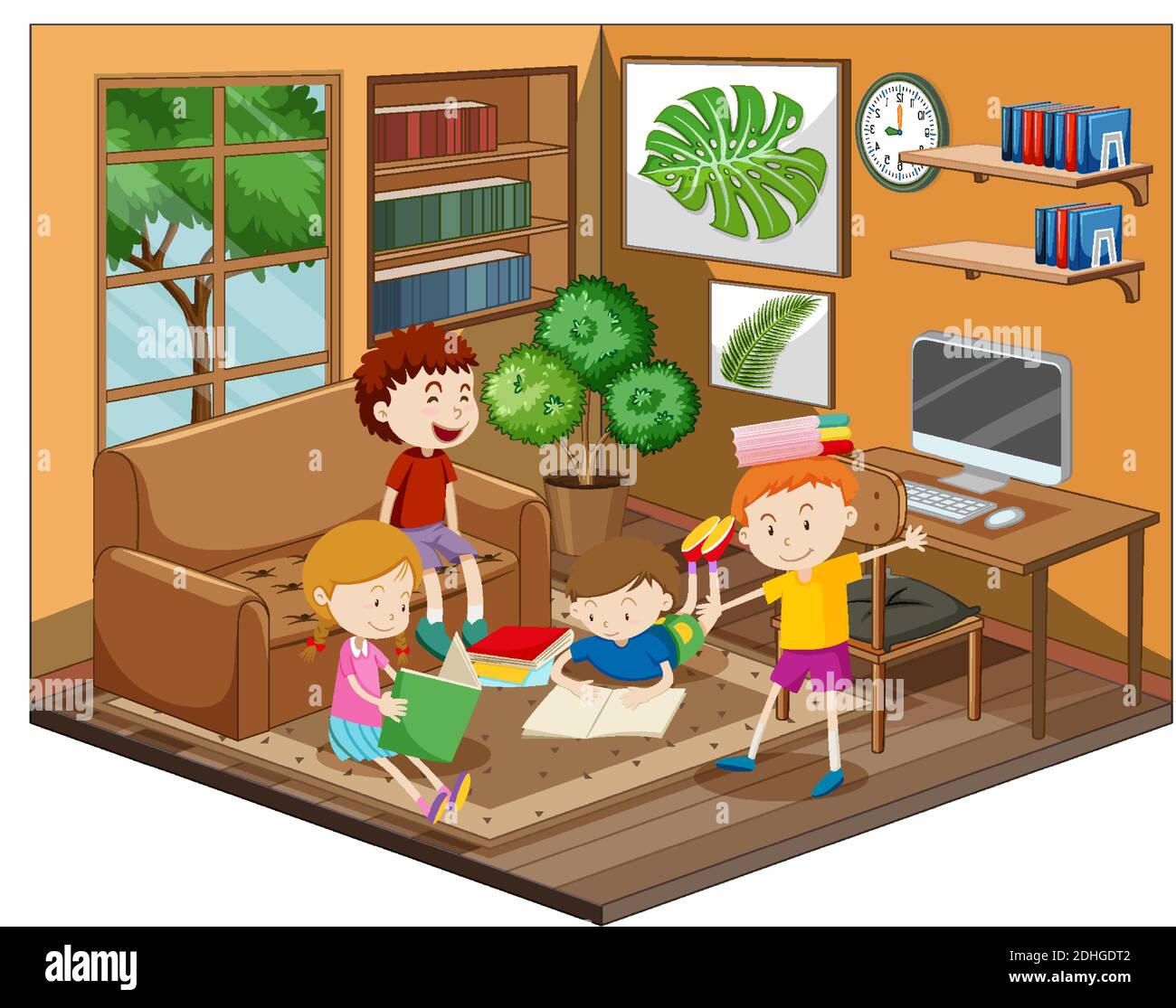 Happy children doing homework in the living room illustration Stock Vector  Image & Art - Alamy