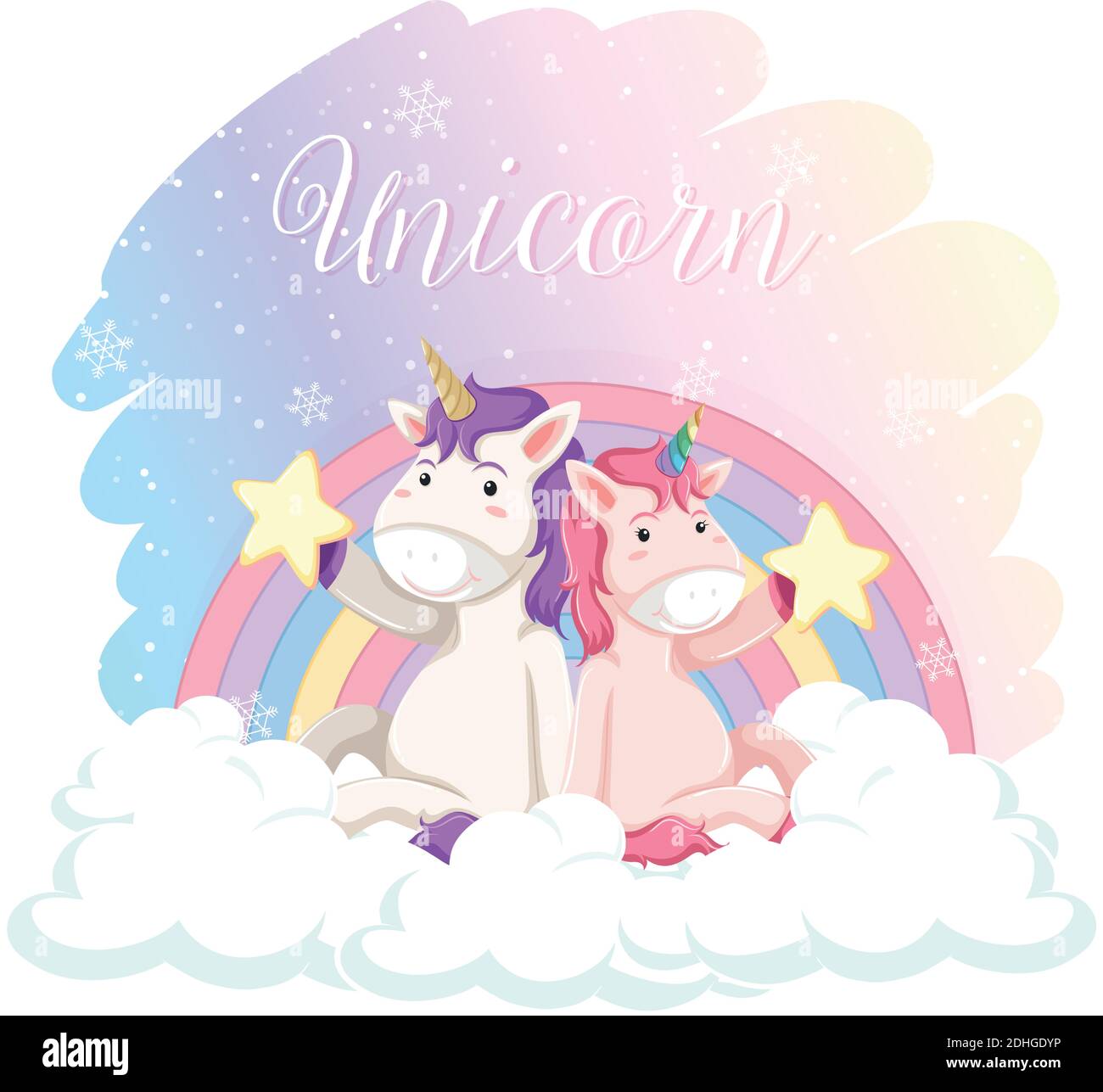 Cute unicorns sitting on the cloud with pastel rainbow isolated on ...