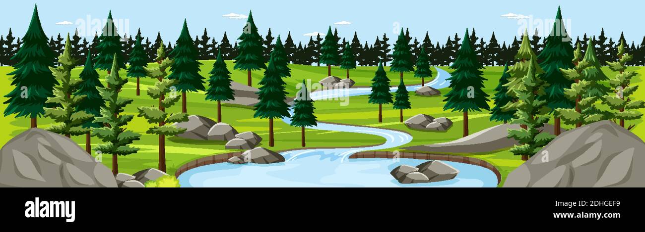 Nature park with river landscape panorama scene illustration Stock ...