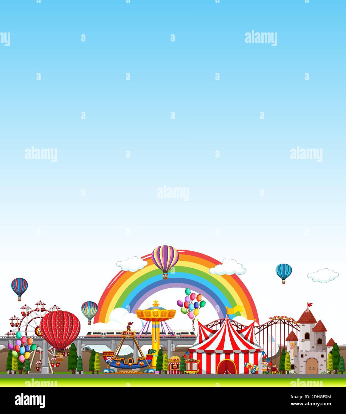 Amusement park scene at daytime with blank bright blue sky illustration ...
