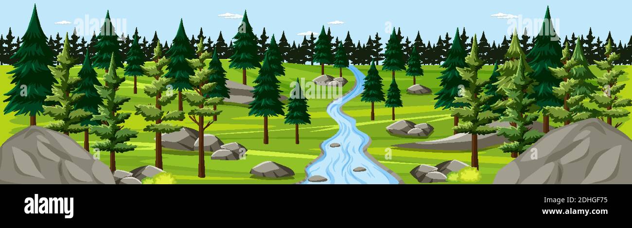 Nature park with river landscape panorama scene illustration Stock ...