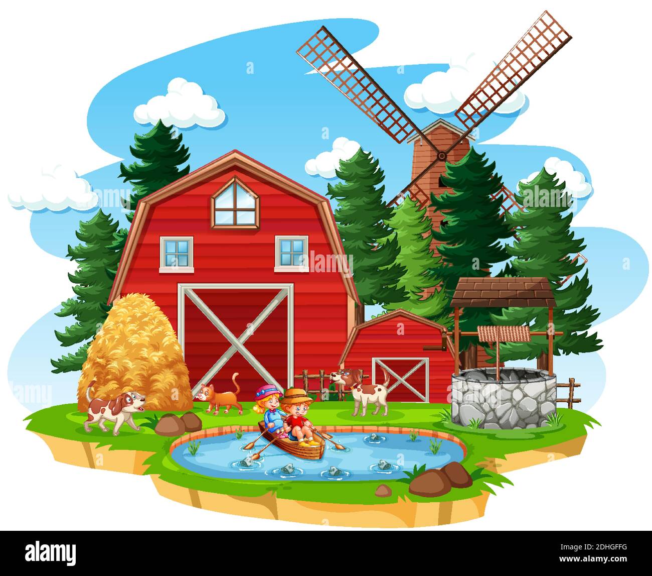 Farm with red barn and windmill on white background illustration Stock ...
