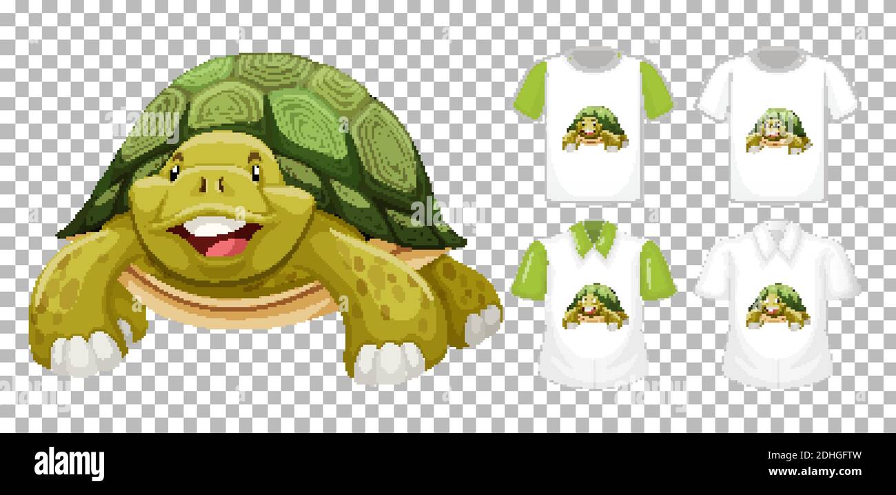 Green turtle cartoon character with many types of shirts on transparent ...