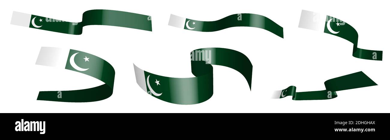 Set of holiday ribbons. Flag of Islamic Republic of Pakistan waving in wind. Separation into lower and upper layers. Design element. Vector on white b Stock Vector