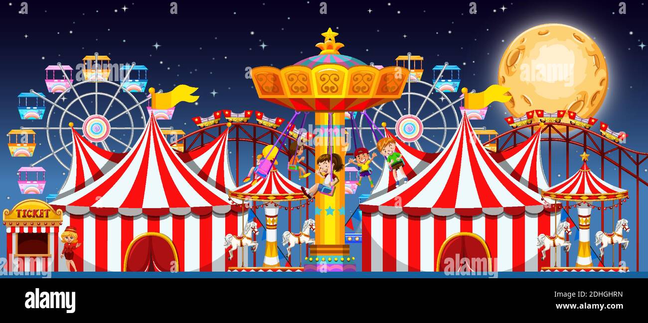 Amusement park scene at night with moon illustration Stock Vector Image ...