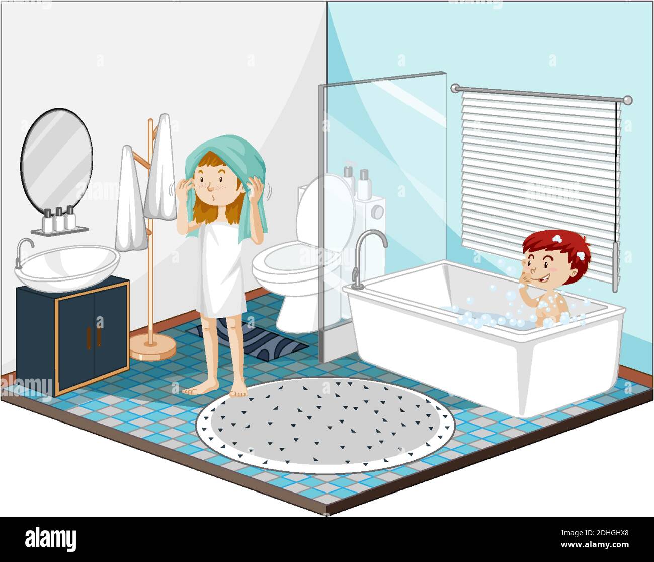 Kids in the bathroom with furnitures illustration Stock Vector