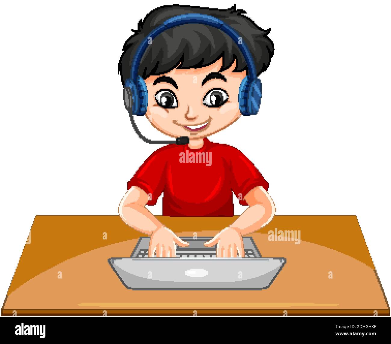 A boy with laptop on the table on white background illustration Stock Vector