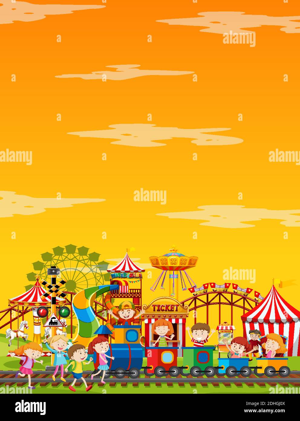 Amusement park scene at daytime with blank yellow sky illustration ...