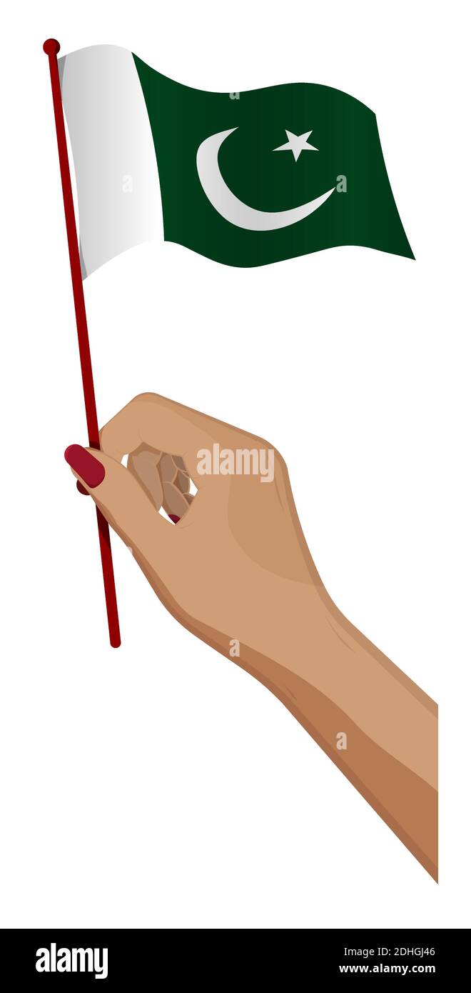 Female hand gently holds small flag of Islamic Republic of Pakistan. Holiday design element. Cartoon vector on white background Stock Vector