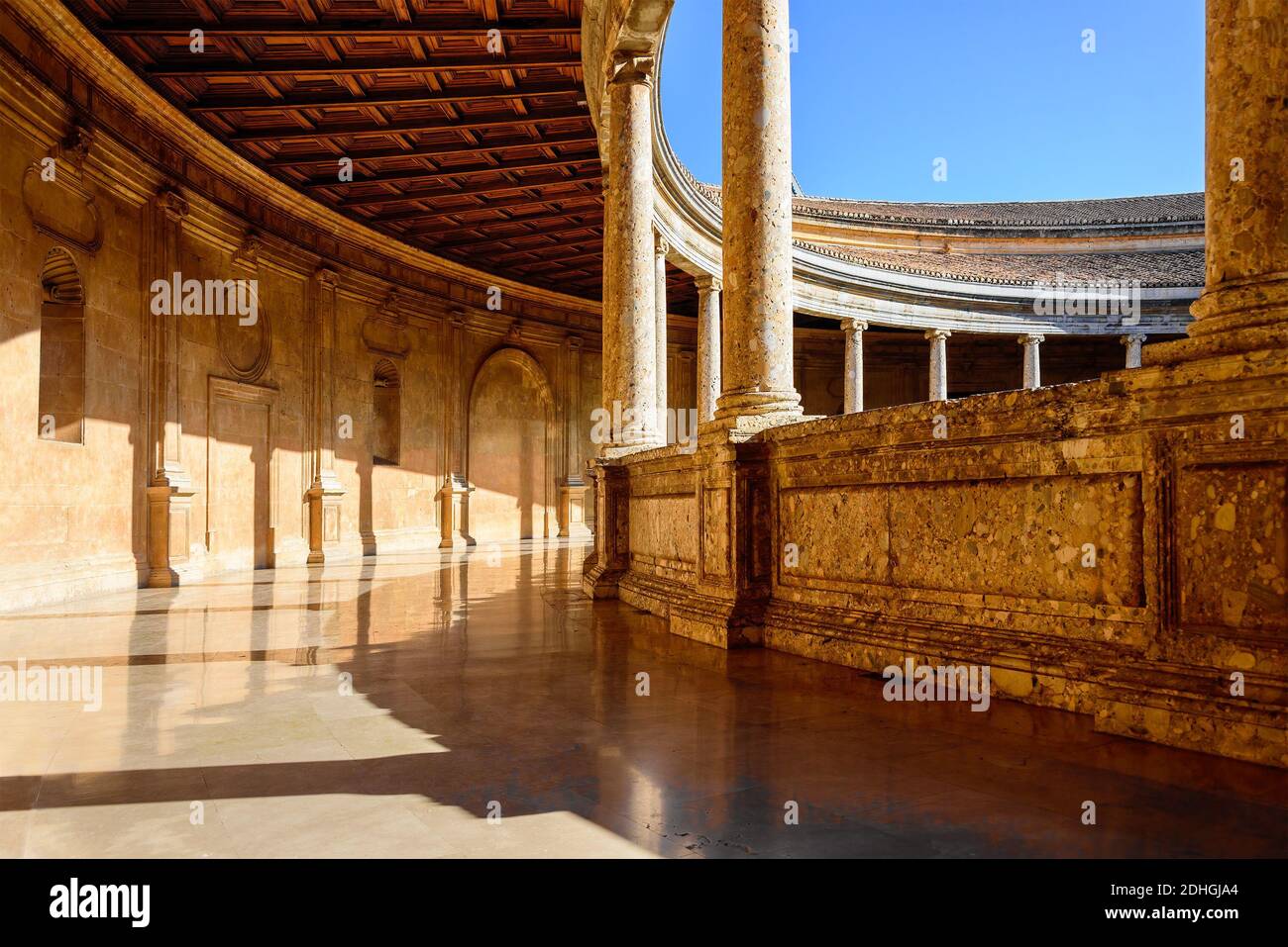 Granada, Spain - January 7, 2020: View of enclosed circular courtyard at the Palace of Charles V, a renaissance palace, at Alhambra complex. Stock Photo