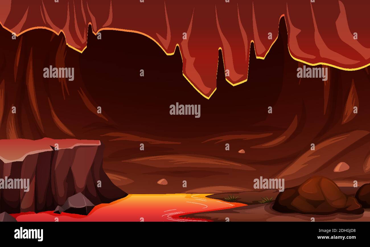 Infernal dark cave with lava scene illustration Stock Vector