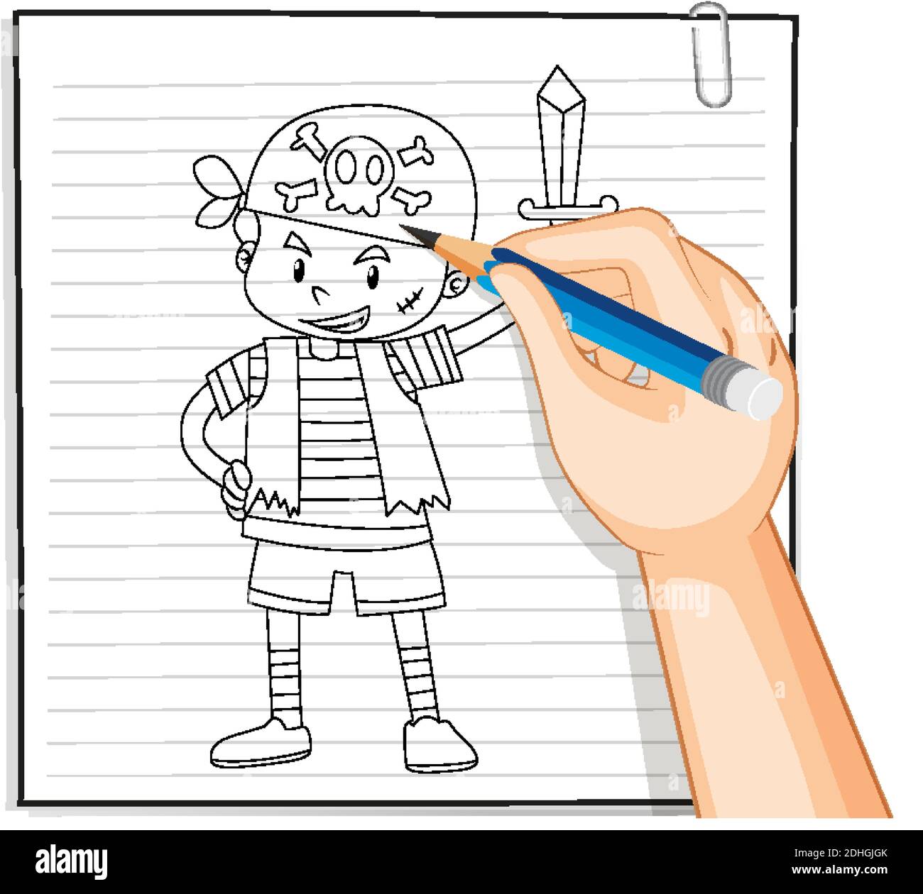 Hand drawing of girl holding umbrella outline illustration Stock Vector