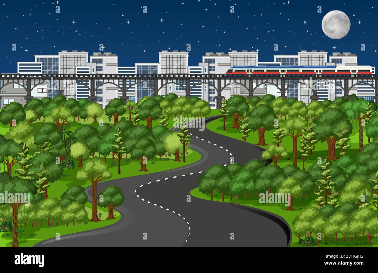 City with nature park landscape at night scene illustration Stock ...