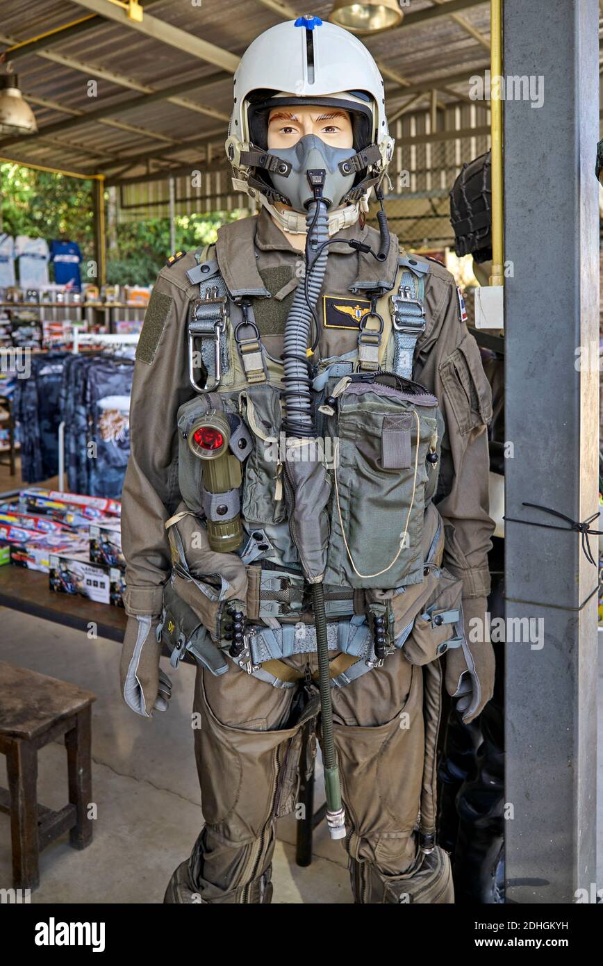 Fighter pilot combat pressure suit clothing and oxygen breathing apparatus on display at a WW2 exhibition Stock Photo
