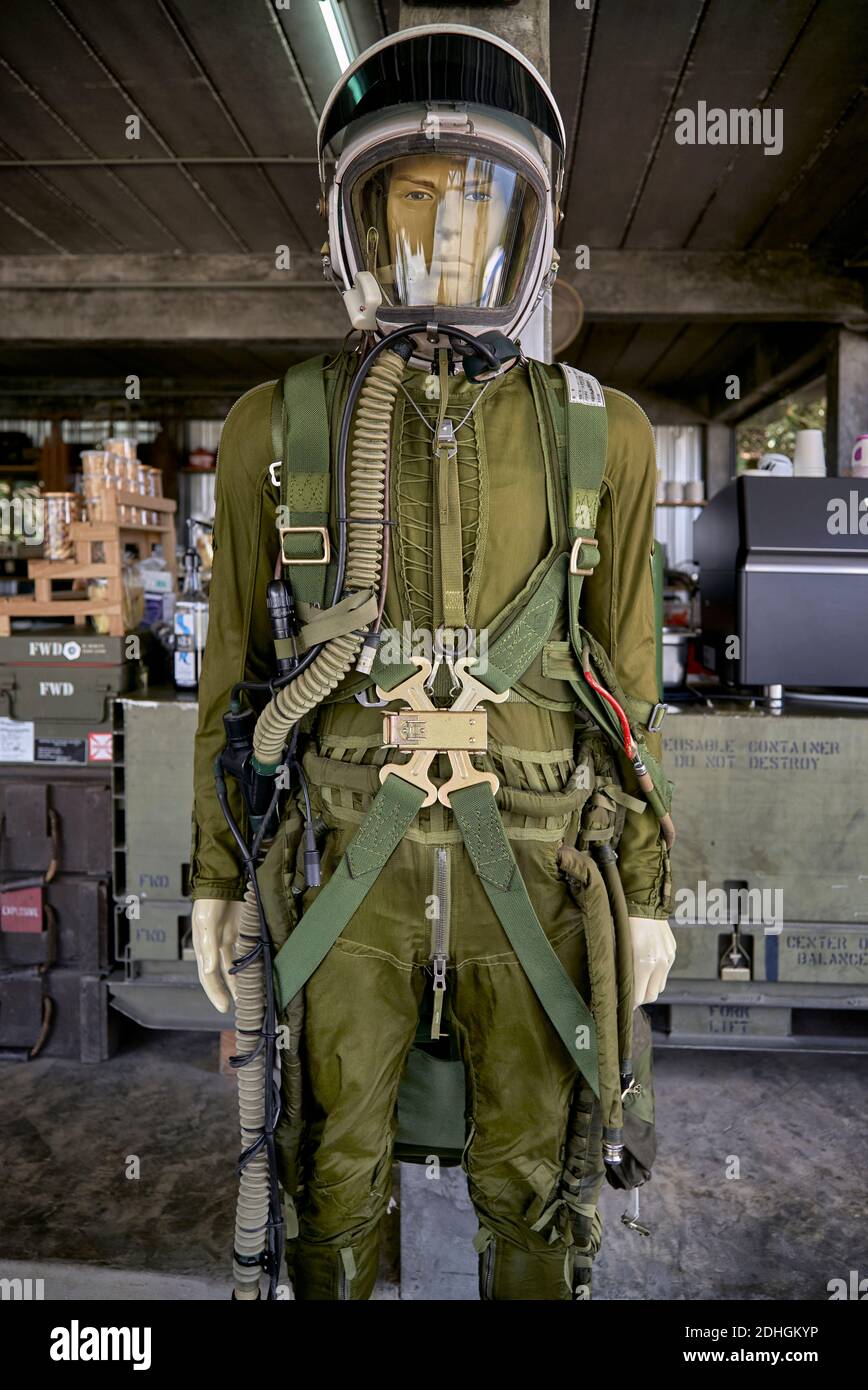 Fighter pilot combat pressure suit clothing and oxygen breathing apparatus  on display at a WW2 exhibition Stock Photo - Alamy