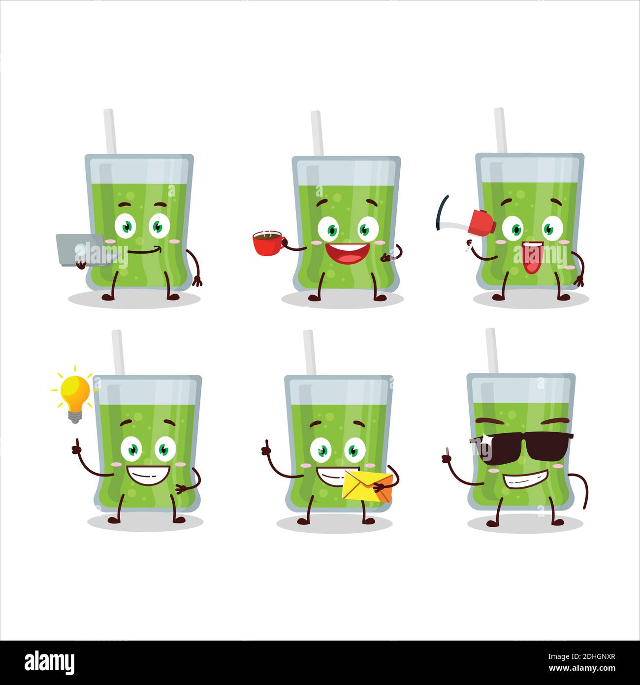 Green apple juice cartoon character with various types of business