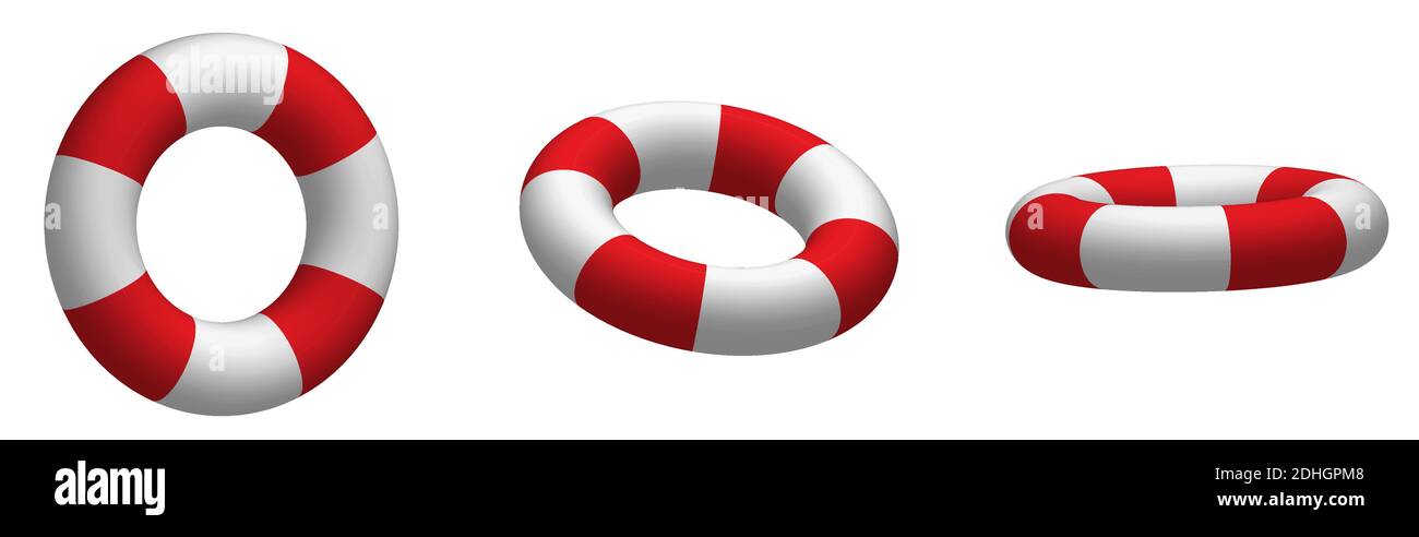 collection of boat lifebuoys in realistic look. Rescue of drowning in the open sea. Red white vector in various view Stock Vector