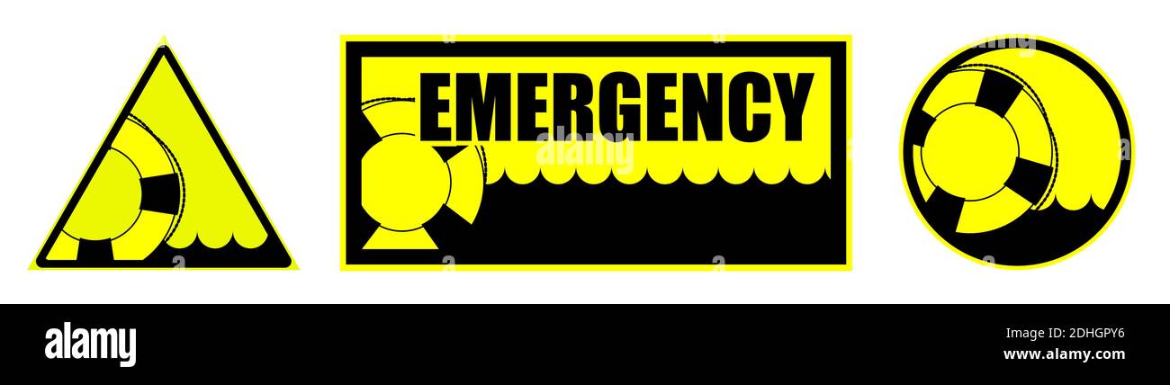Emergency, set of yellow warning signs with lifebuoy. Help service for drowning, first aid to victims of rest on the water. Isolated vector Stock Vector