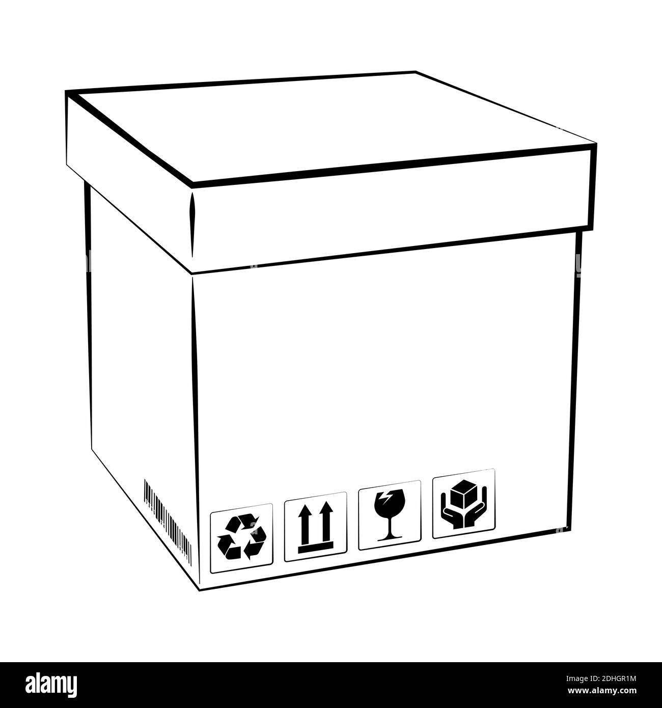 Closed white box with barcode and cargo storage signs. Shipping and