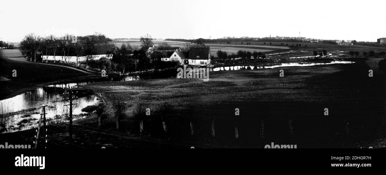 Källby in the year 1897 as seen from the railway bridge over the small Höje river (Höje å) south of Lund in Sweden. Stock Photo