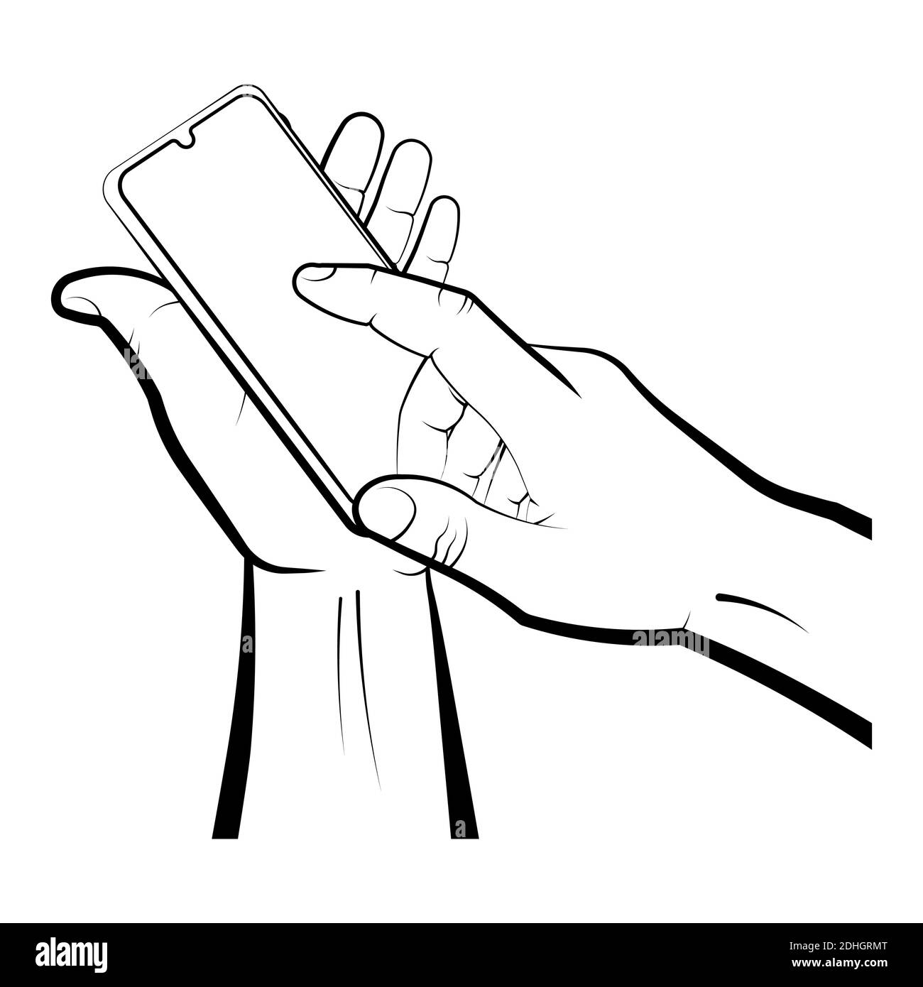 mans hand holds a smartphone and presses a finger on the touch screen. Using portable smart devices, navigation, communication. Isolated vector on whi Stock Vector