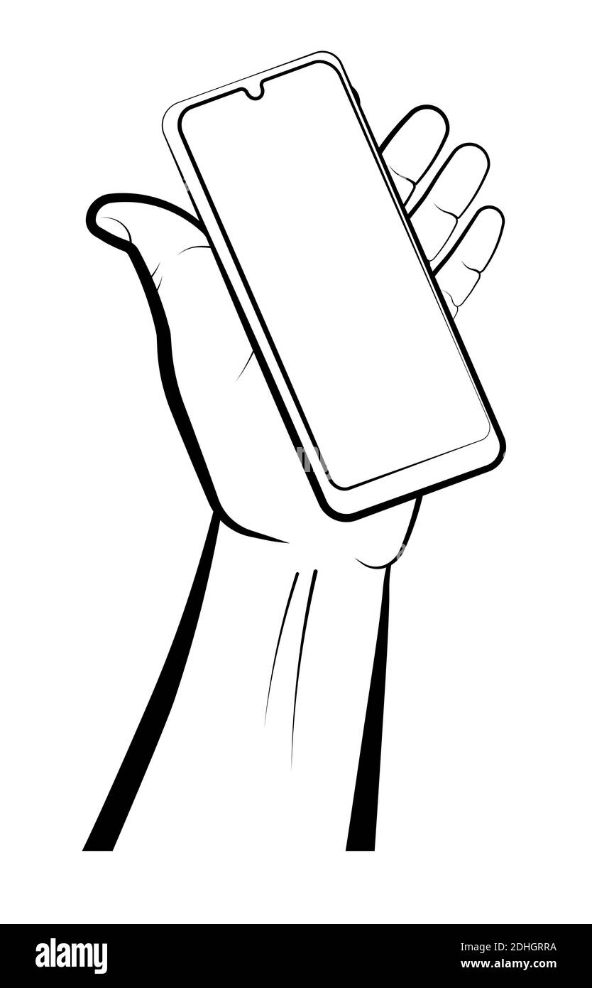 mans hand holds a smartphone. Using portable smart devices. Isolated vector on white background Stock Vector