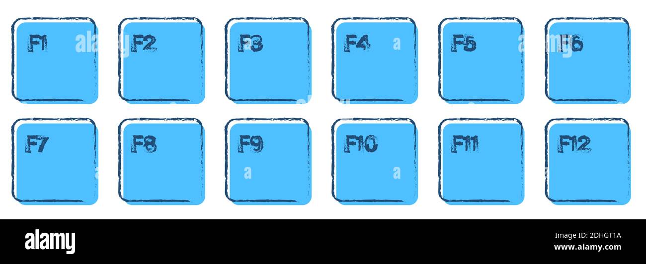 set of auxiliary keyboard keys from F1 to F12 drawn in ink and blue colors. Isolated vector on white background Stock Vector