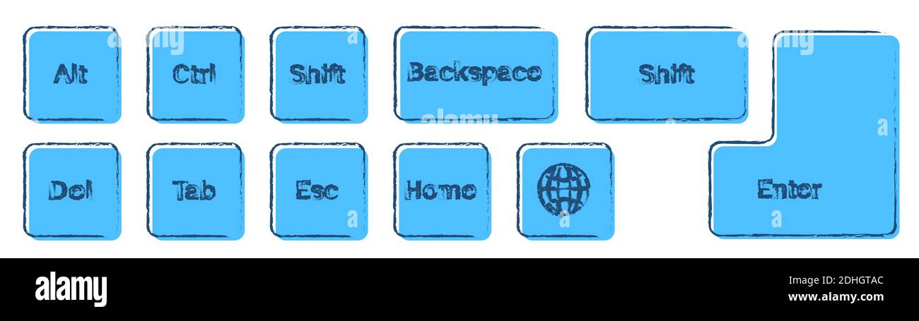set of additional keyboard keys on a white background. Alt, Ctrl, Enter, Backspace, Esc, globe, Shift drawn in ink and blue colors. Isolated vector Stock Vector