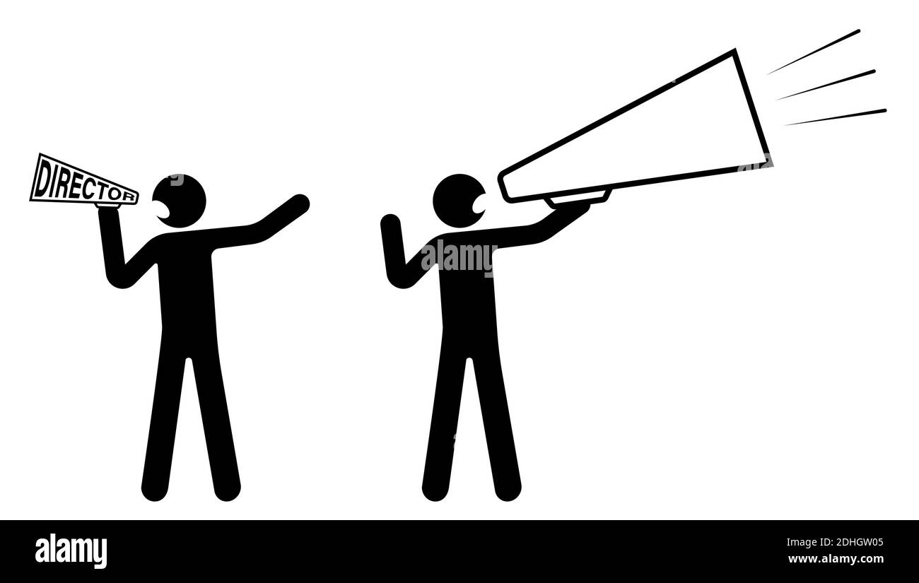 stick figure, director holds speaker, a loudspeaker and screams. Start filming a movie. Nervous leader. Isolated vector on white background Stock Vector
