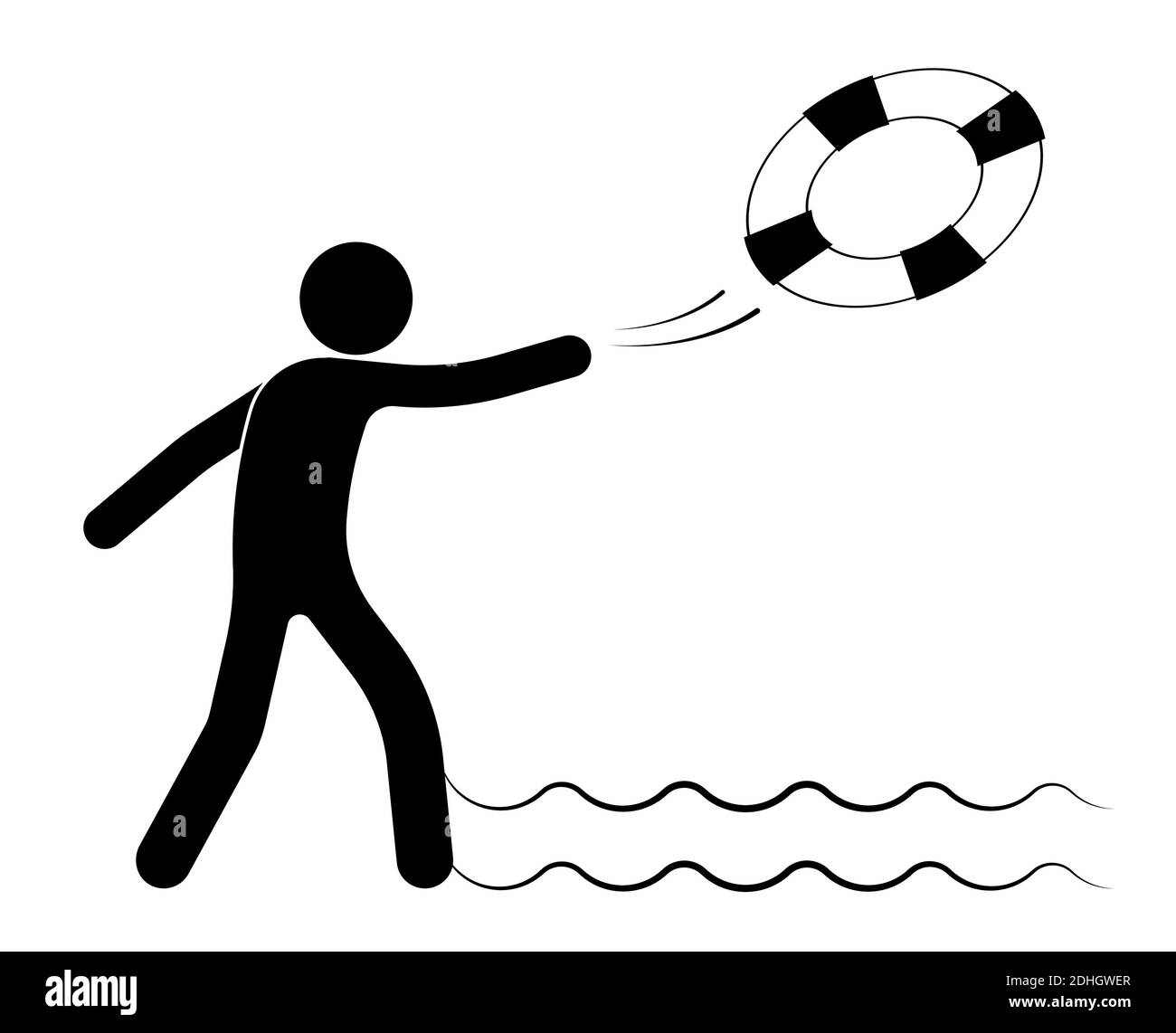 stick figure, man throws a life buoy into the sea from the shore. Assisting drowning people. Dangers of relaxing on the water. Isolated vector on whit Stock Vector