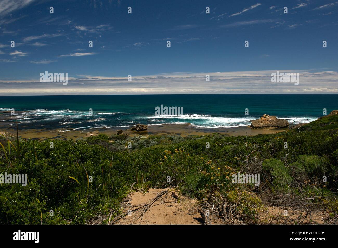 Cheviot Beach is remote and almost inaccessible, but Australian Prime Minister Harold Holt went swimming here - and disappeared in the sea. Stock Photo