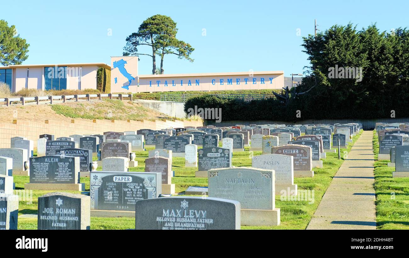 The Italian Cemetery, founded in 1899 by La Società Italiana di Mutua Beneficenza, in Colma, California, USA. Stock Photo