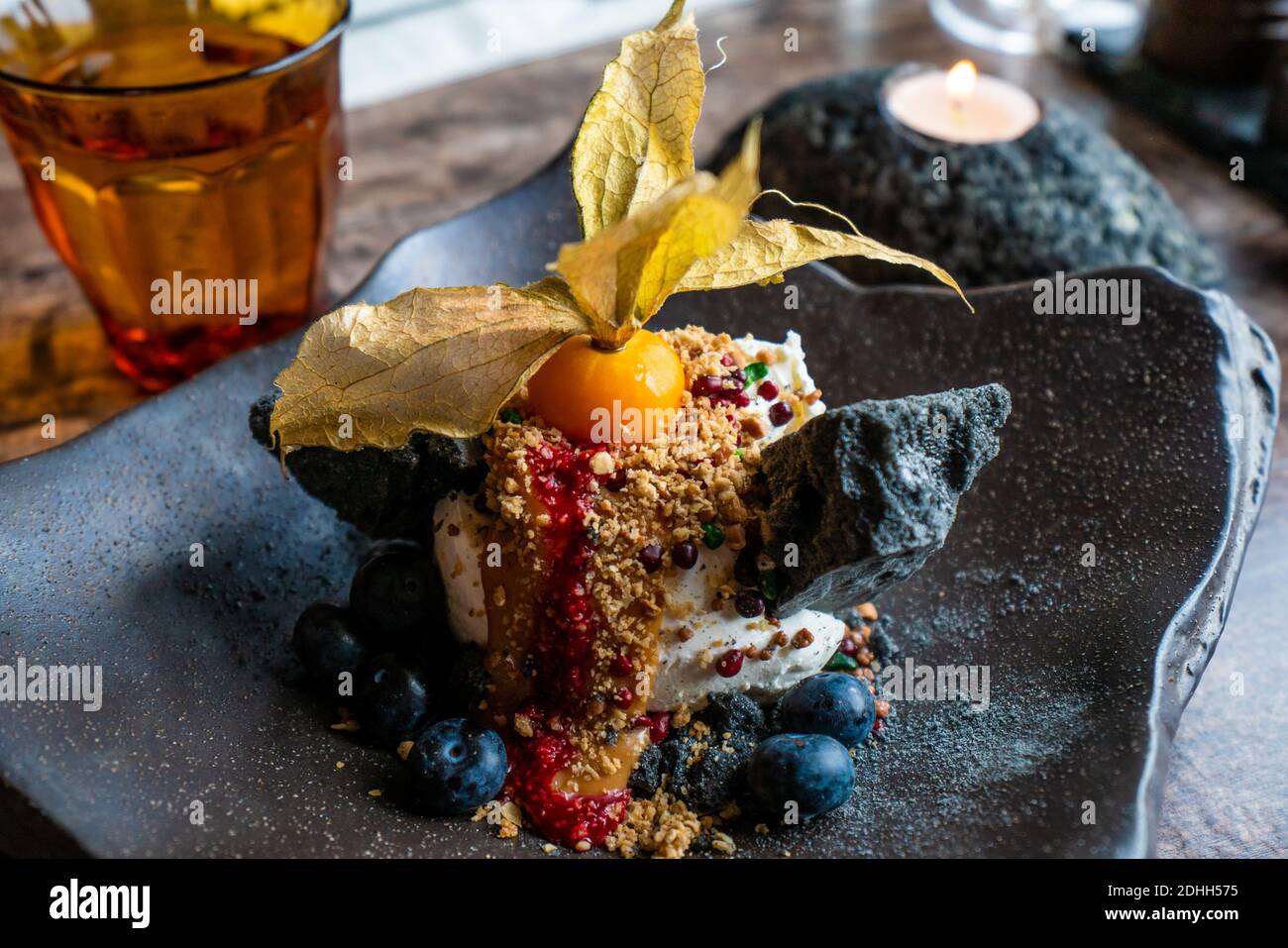 Icelandic ice cream menu with volcanic rock sugar cane and blueberries