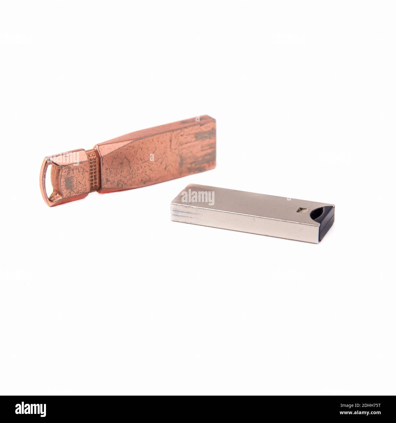 Two old USB flash drives isolated on a white background. Close up Stock Photo