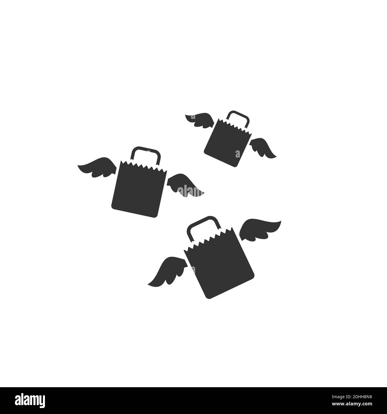 black shopping paper bags with wings. flat icon isolated on white. vector illustration. Stylish package for purchase. Fast delivery, express. Sales, d Stock Vector