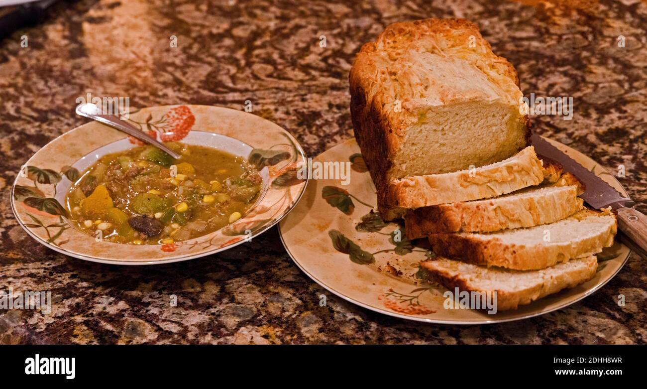 comfort food ,Homemade soup and bread Stock Photo