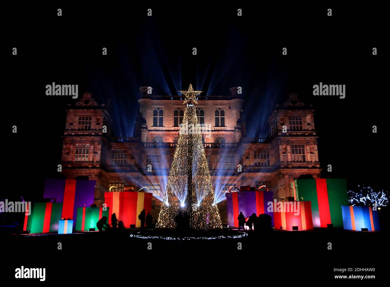 Wollaton Hall in Nottingham which has been transformed into an enchanted light experience to create Christmas at Wollaton Hall, a unique, socially distanced festive outdoor light installation. Stock Photo