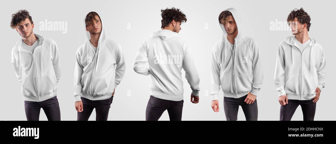 Mockup of a white hoodie with a zipper, with a pocket, and ties on the hood, front, back, for presentation of design, print, pattern. Stylish sweatshi Stock Photo